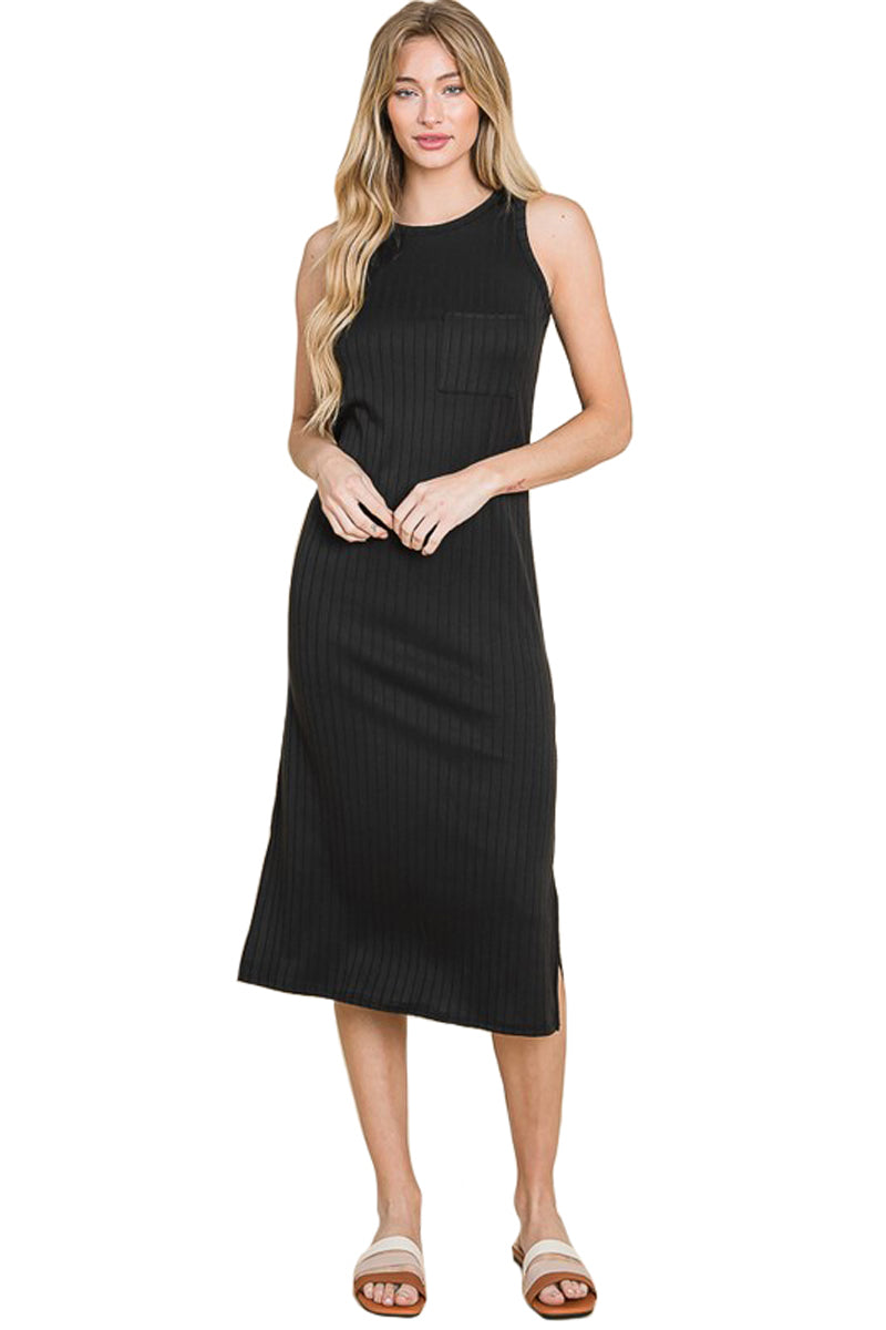 Sleeveless Rib Knit Dress with Patched Pocket