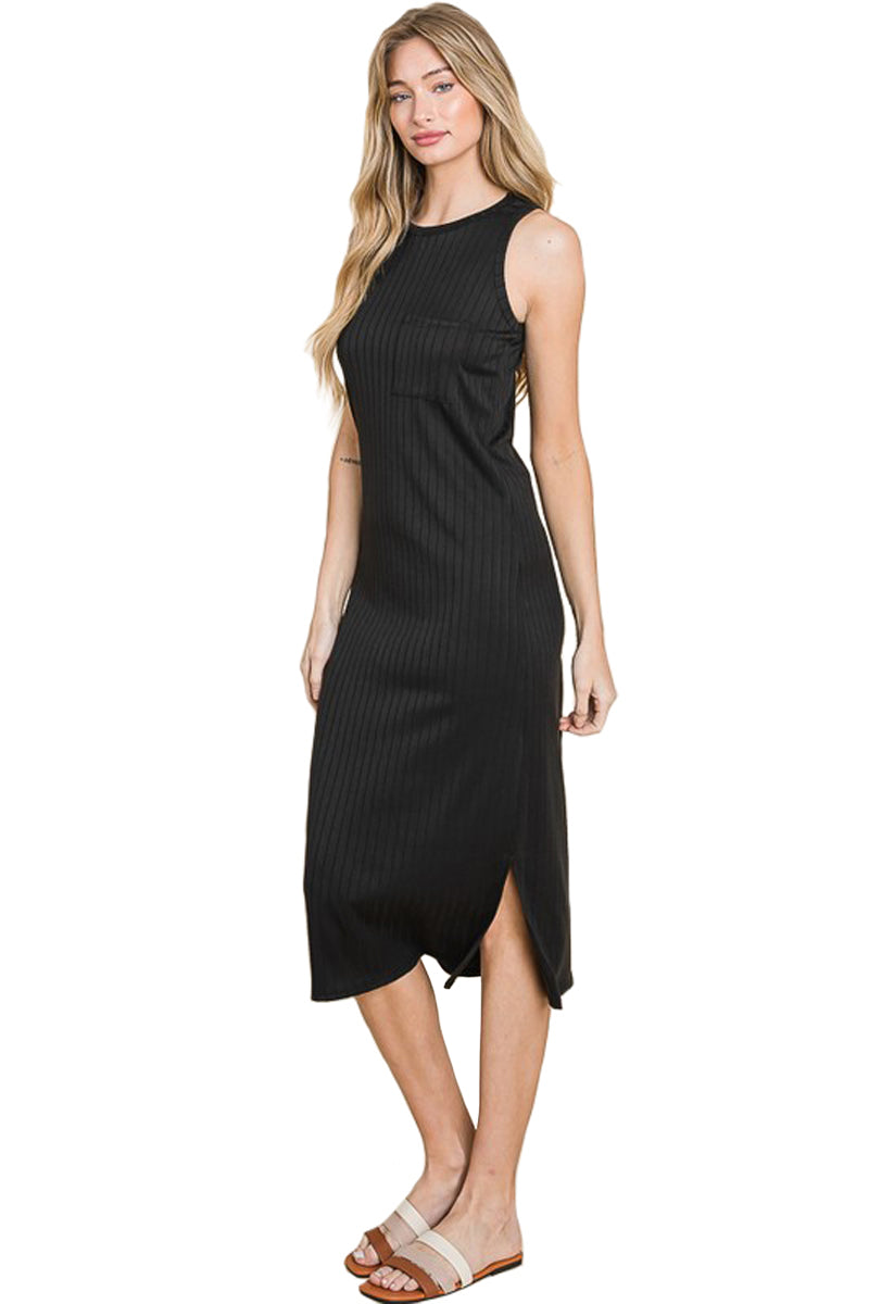Sleeveless Rib Knit Dress with Patched Pocket