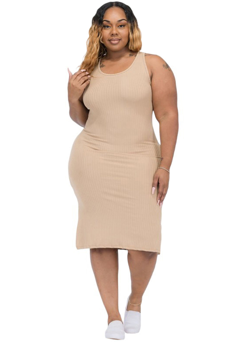 Sleeveless Ribbed Tank Midi Dress Plus Size Pink / X-Large Sleeveless Ribbed Tank Midi Dress Plus Size Pink / X-Large