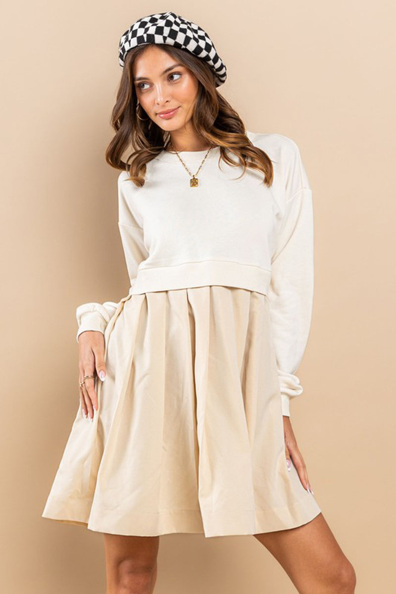 Contrast French Terry Pleated Mini Dress