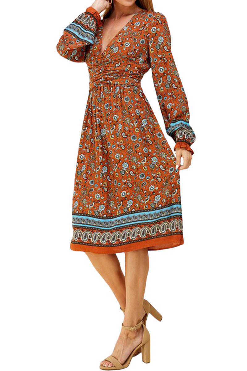 Bohemian Printed Midi Dress with Shirring Detail