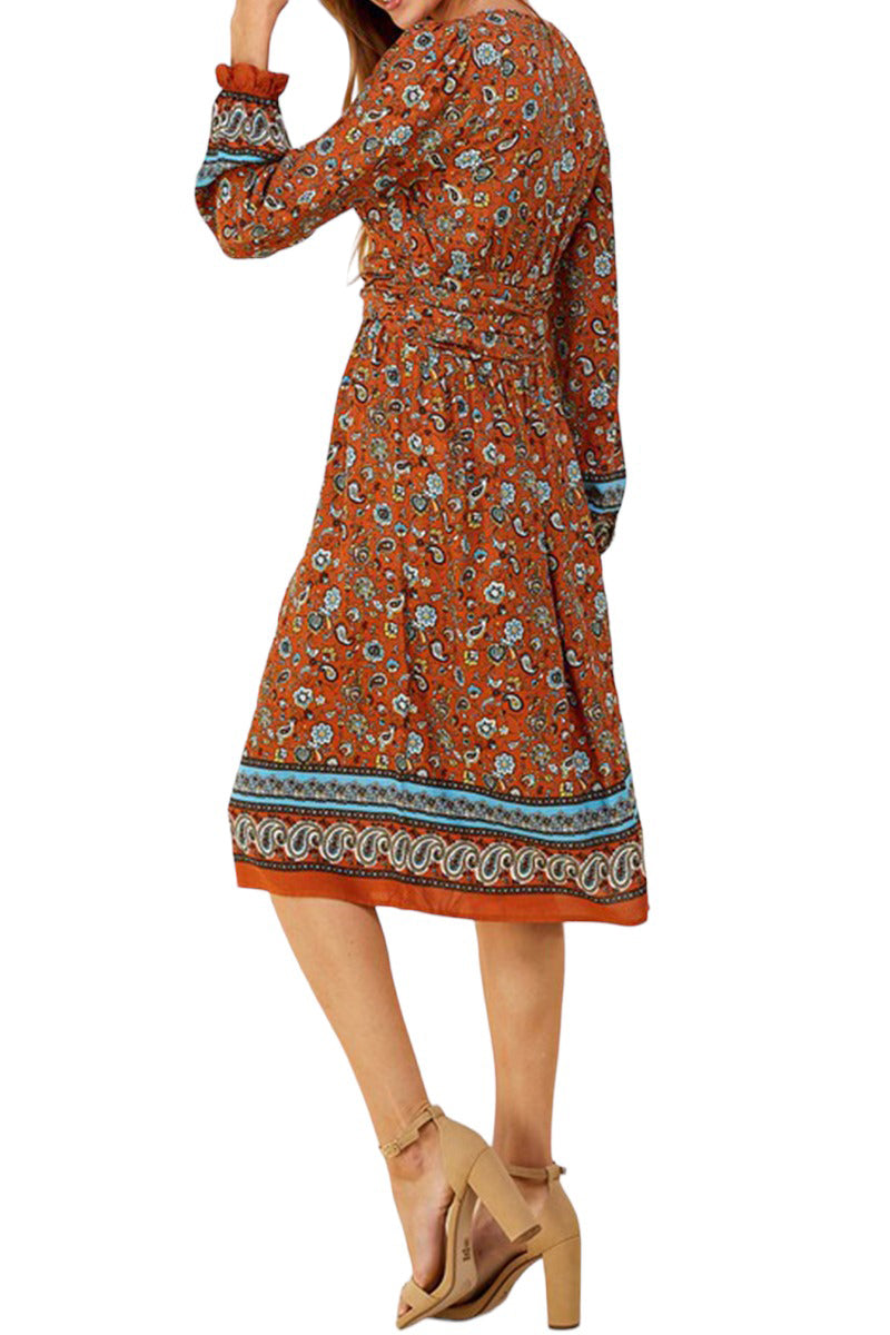 Bohemian Printed Midi Dress with Shirring Detail