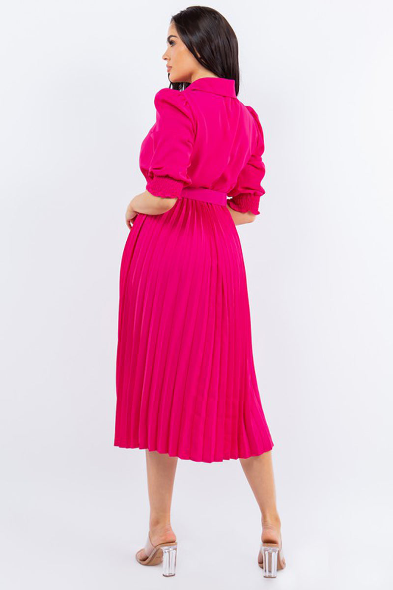 Shirt Dress with Pleated Midi Skirt Three-Quarter Sleeve Belt