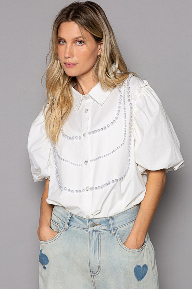 Poplin Pearl Puff Half Sleeve Shirt