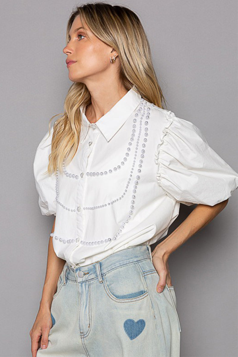 Poplin Pearl Puff Half Sleeve Shirt