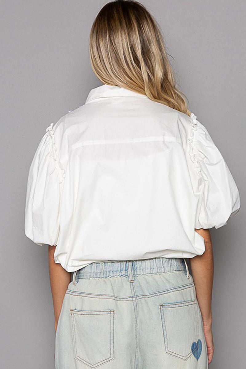 Poplin Pearl Puff Half Sleeve Shirt
