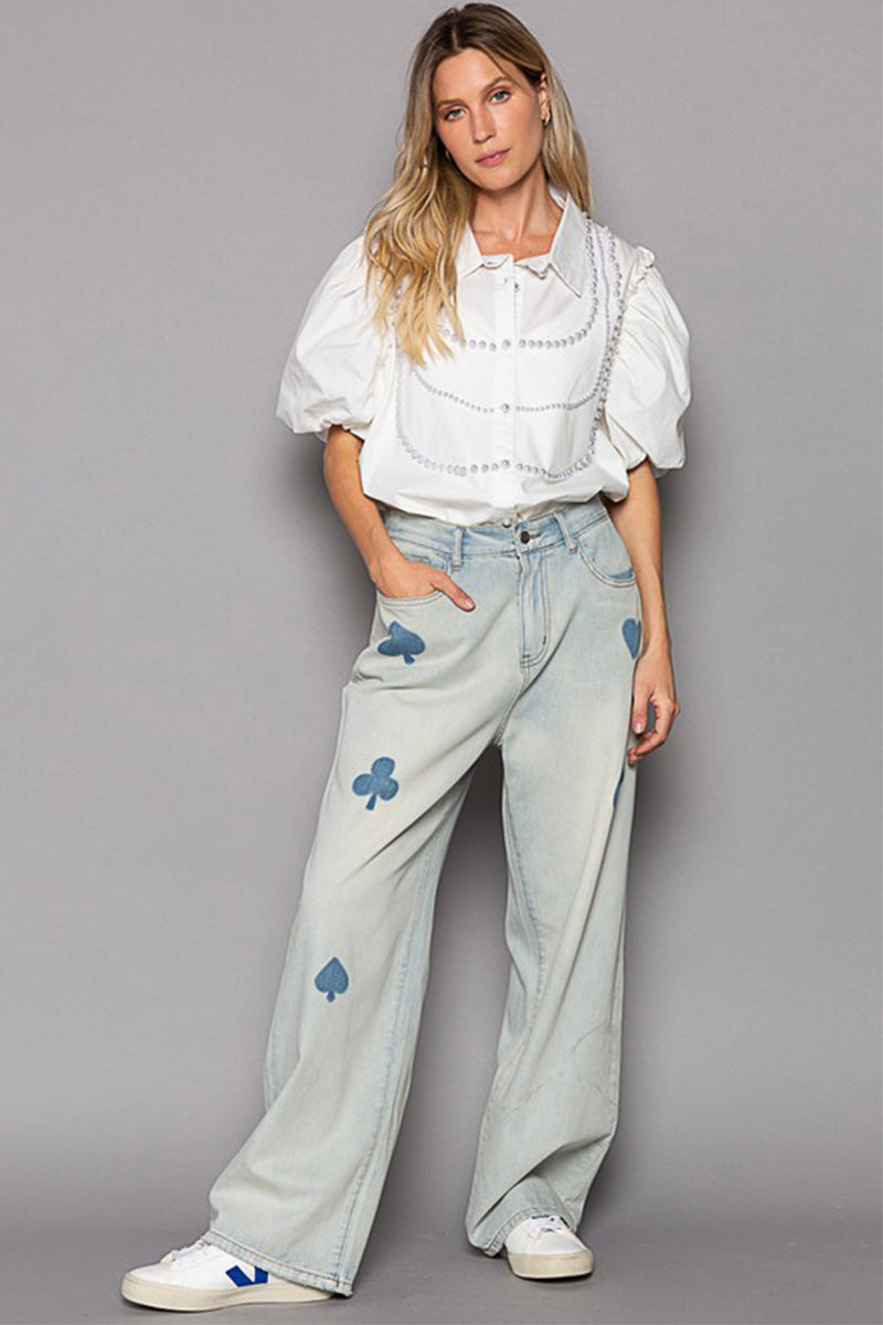 Poplin Pearl Puff Half Sleeve Shirt
