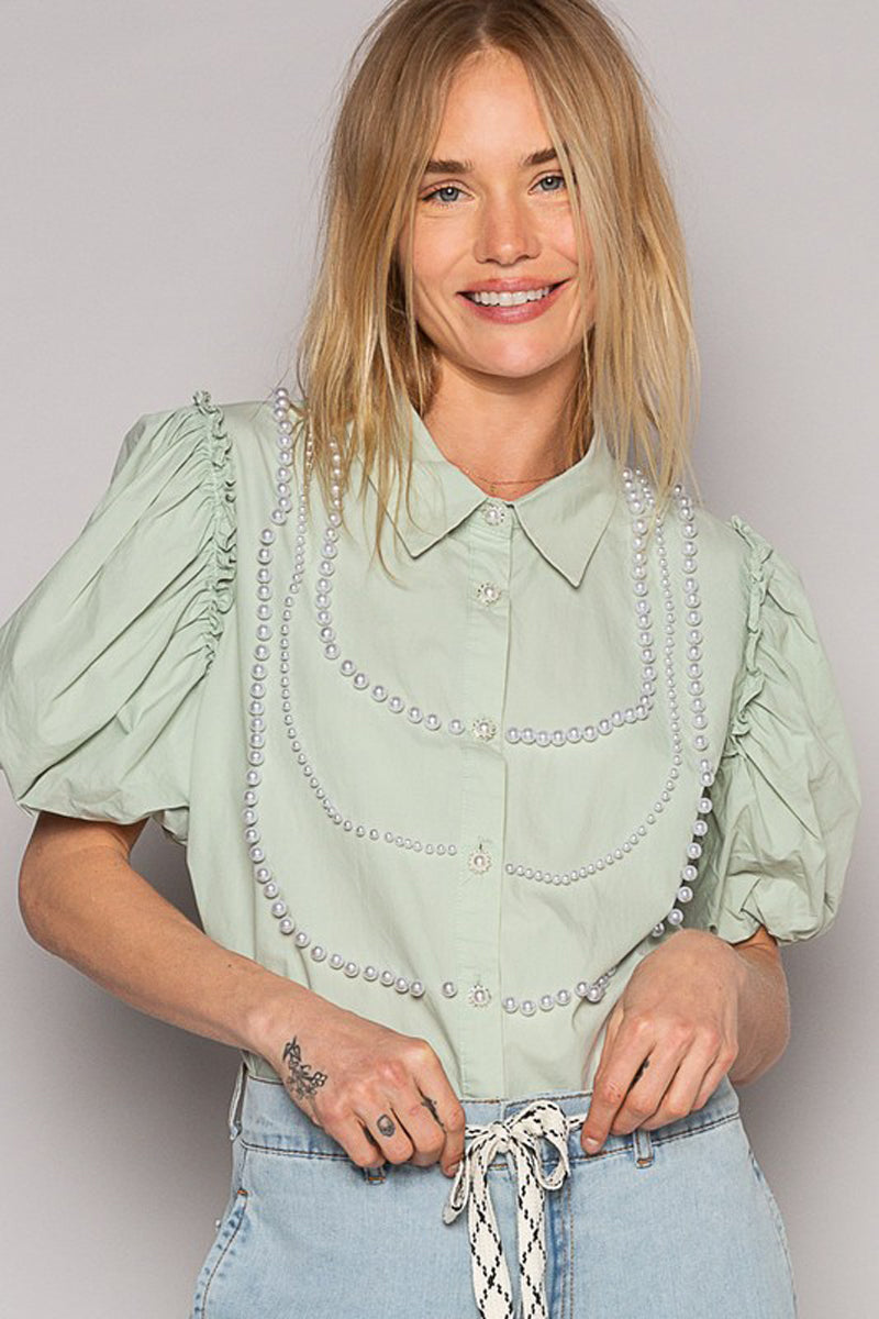 Poplin Pearl Puff Half Sleeve Shirt