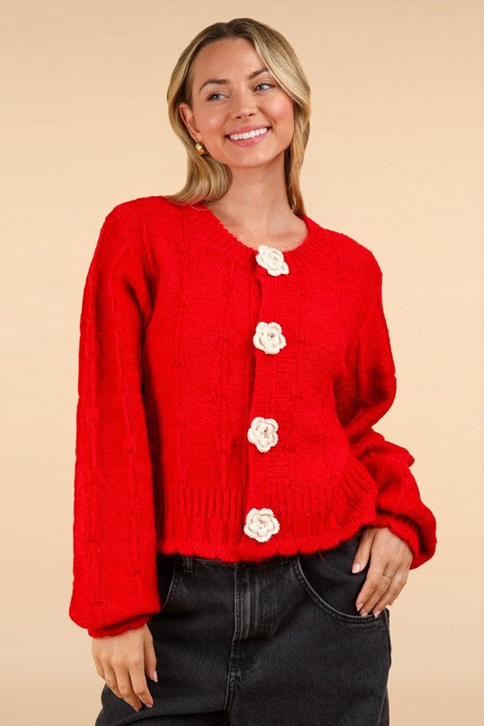 Floral Button Crop Length Knit Sweater Cardigan