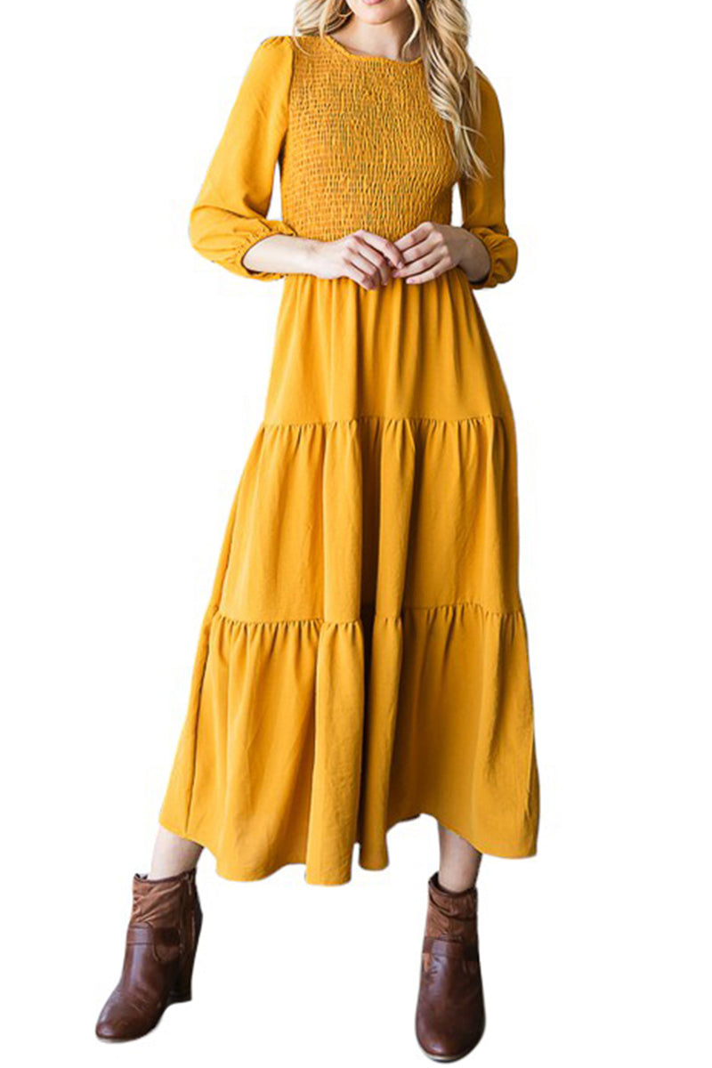Summer Three-Quarter Puff Sleeve Smocked Tiered Boho Flowy Maxi Sun Dress Mustard / Small Summer Three-Quarter Puff Sleeve Smocked Tiered Boho Flowy Maxi Sun Dress Mustard / Small