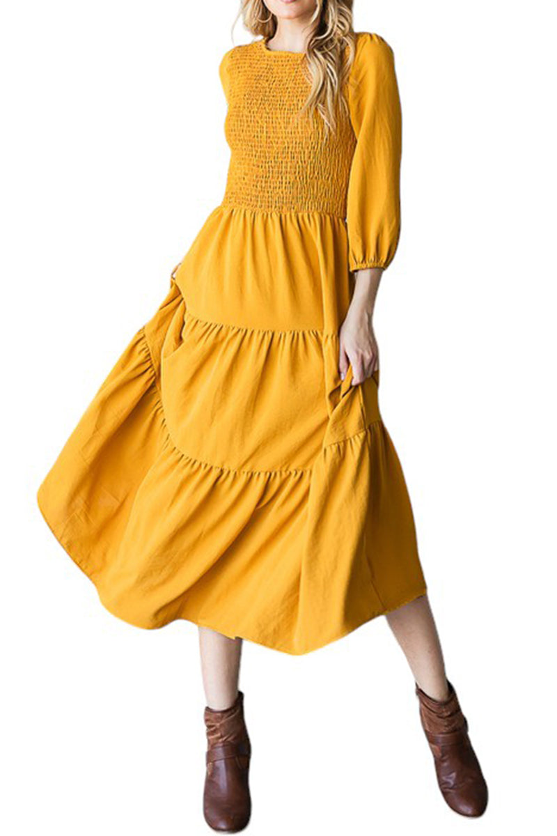 Summer Three-Quarter Puff Sleeve Smocked Tiered Boho Flowy Maxi Sun Dress