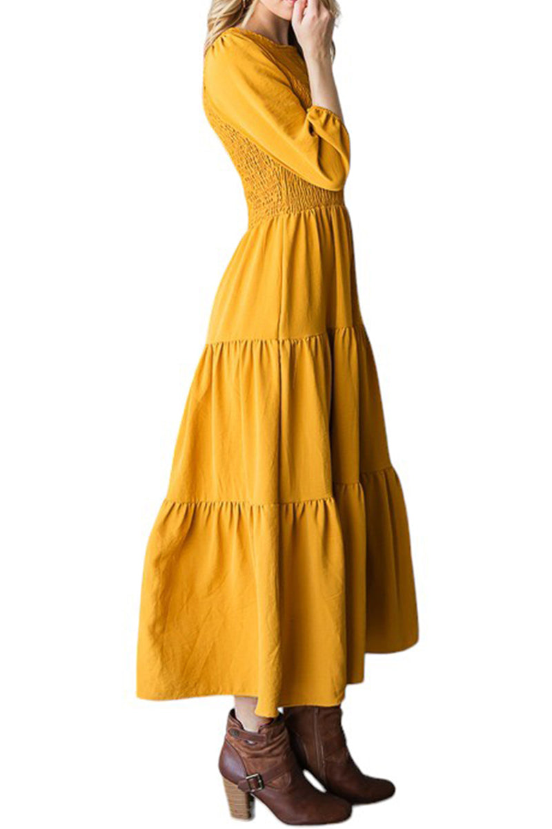 Summer Three-Quarter Puff Sleeve Smocked Tiered Boho Flowy Maxi Sun Dress