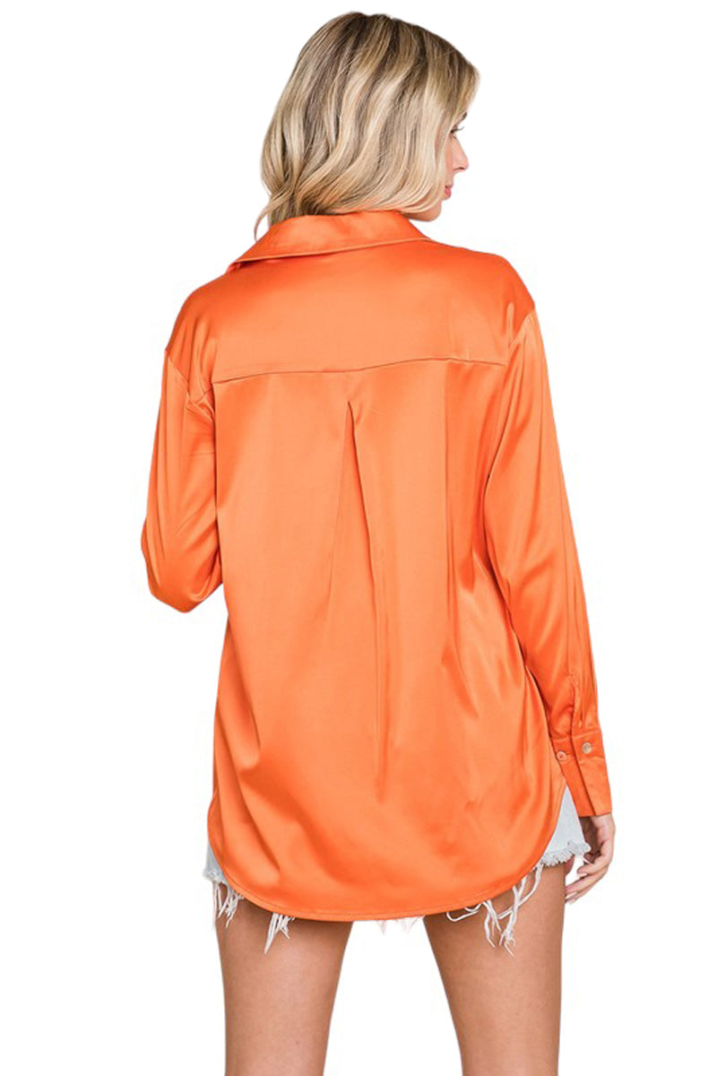 Collared Satin Button Down Blouse Shirt