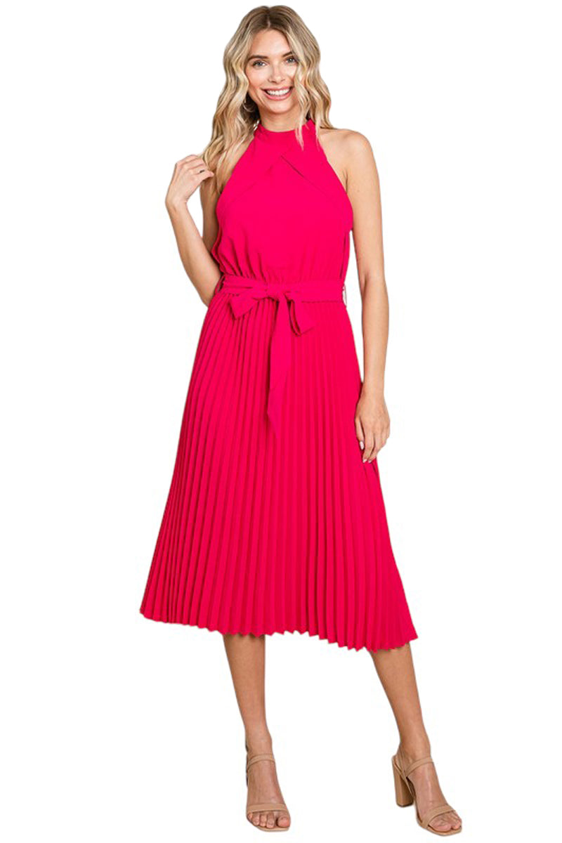 Pleated Self Tie Waist Halter Dress Fuchsia / Large Pleated Self Tie Waist Halter Dress Fuchsia / Large
