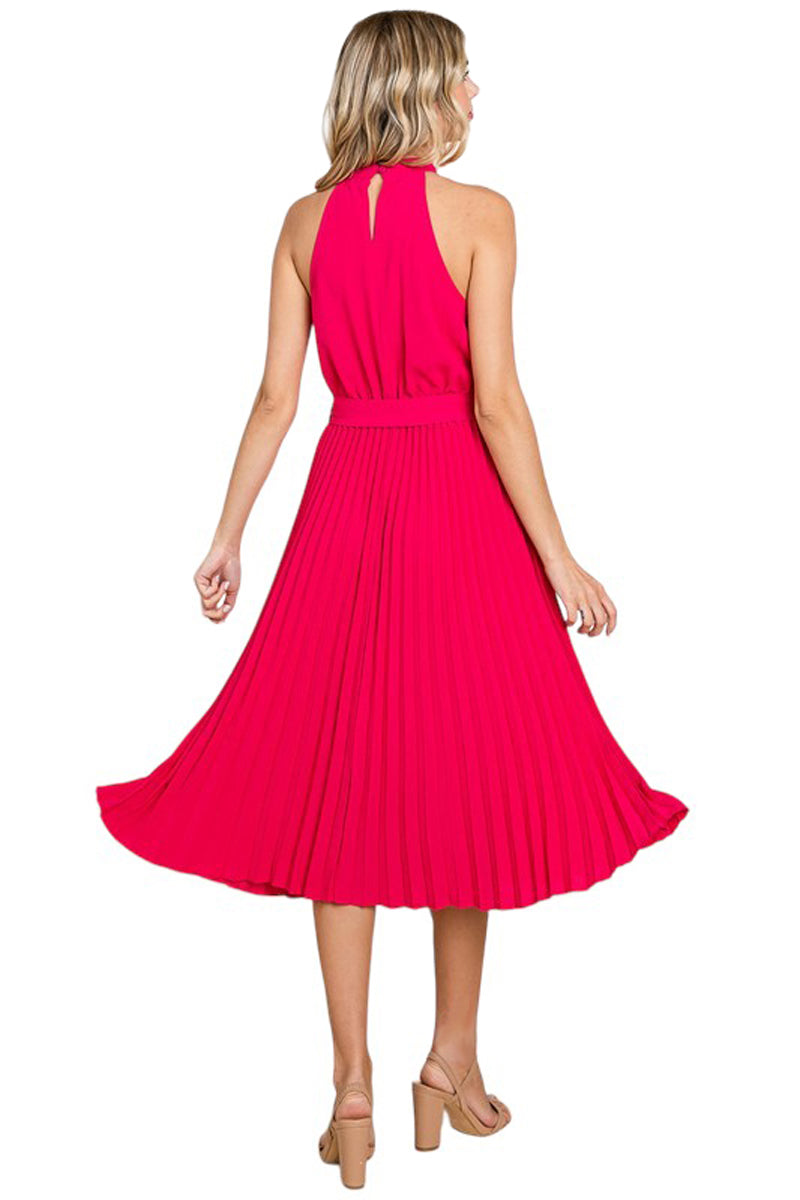 Pleated Self Tie Waist Halter Dress