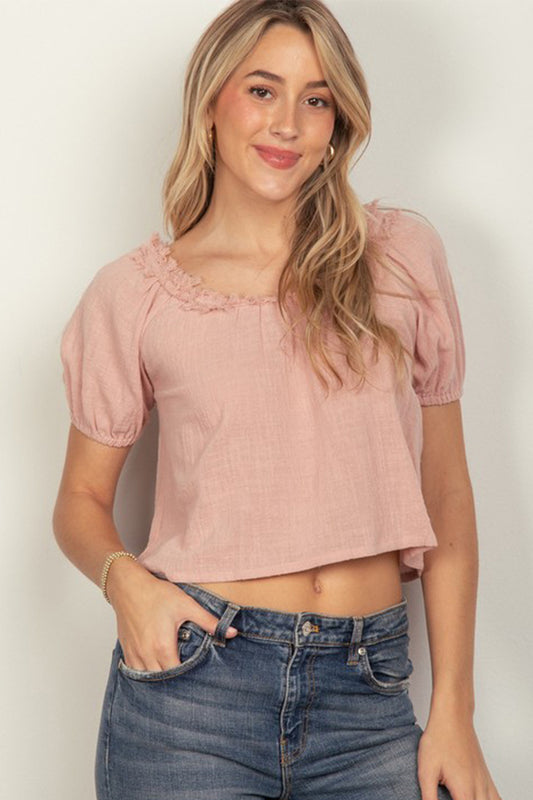 Puff Sleeve Solid Woven Crop Top