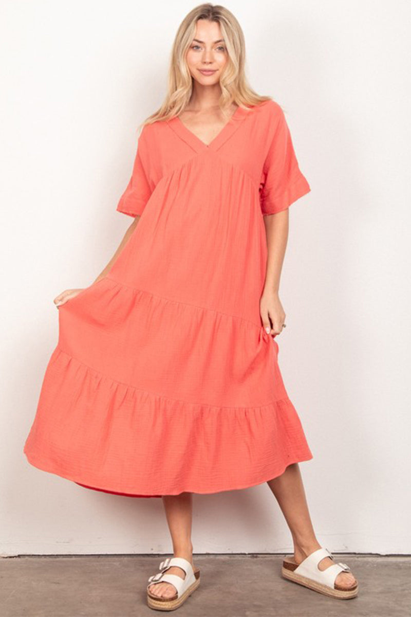 Frayed Detail Soft Crinkle Gauze Midi Dress Orange / Small Frayed Detail Soft Crinkle Gauze Midi Dress Orange / Small