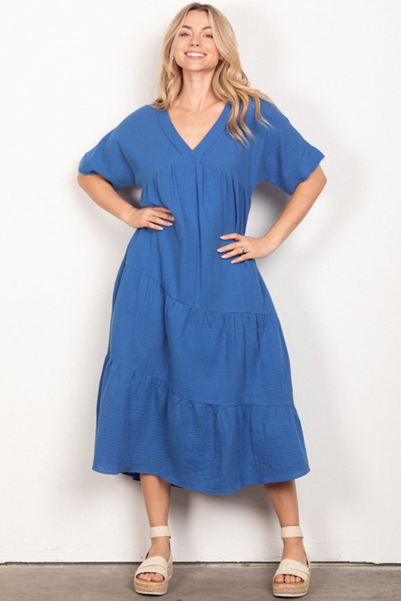 Frayed Detail Soft Crinkle Gauze Midi Dress