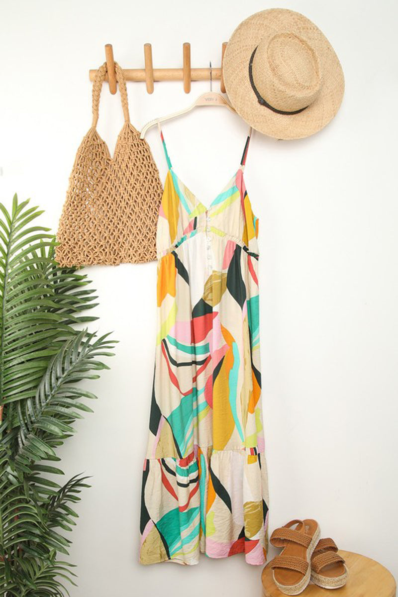 elegant multicolor print midi dress Elegant Pink Multi-Color Floral Print V-Neck Back Tie-Up Layered Ruffle Midi Dress