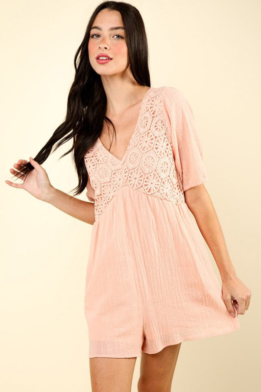 Lace Puff Sleeve Solid Woven Romper