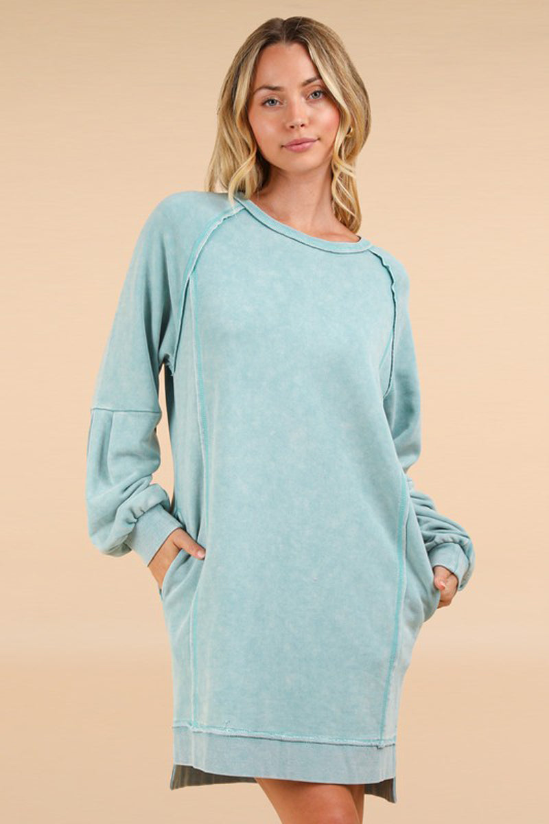 Mineral Washed Raglan Sleeve Casual Mini Dress
