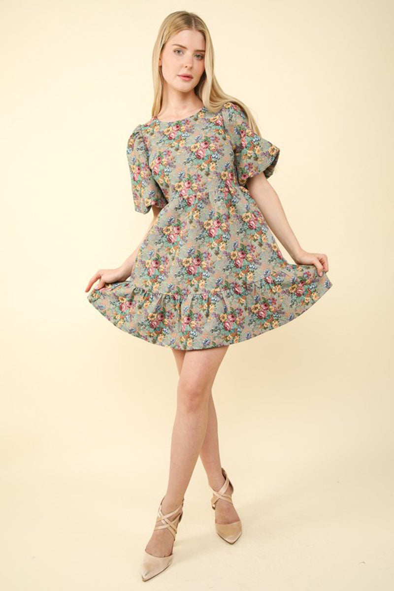 Floral Jacquard Fabric Holiday Mini Dress