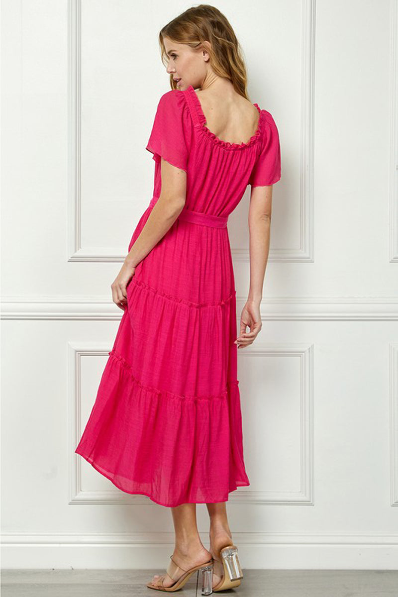 Frill Hem Flutter Sleeve Ruffle Tiered Maxi Easygoing Loose Flowy Dress with Tie