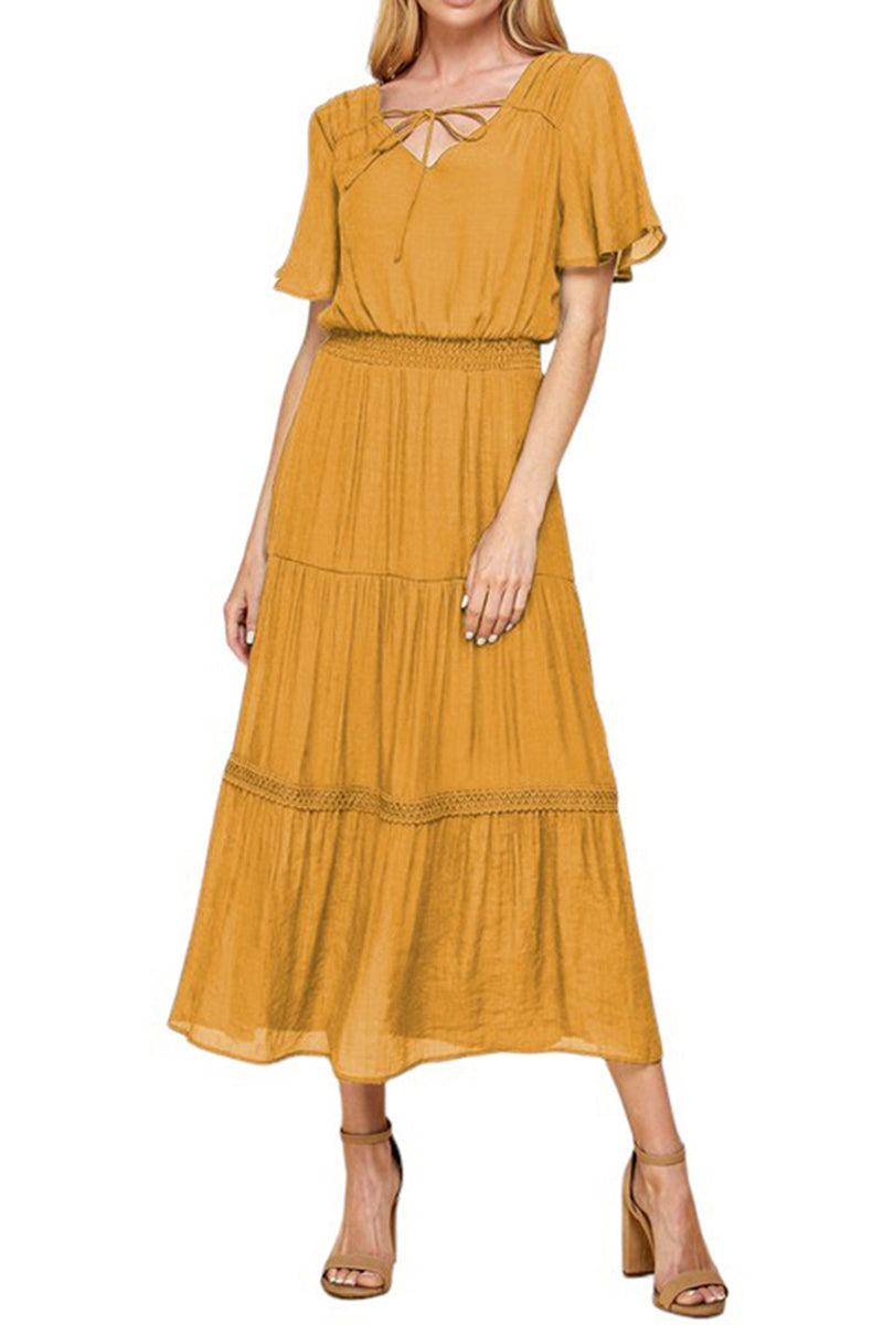 Summer Flowy Keyhole Flutter Short Sleeve Crochet Tiered Boho Maxi Beach Sun Dress