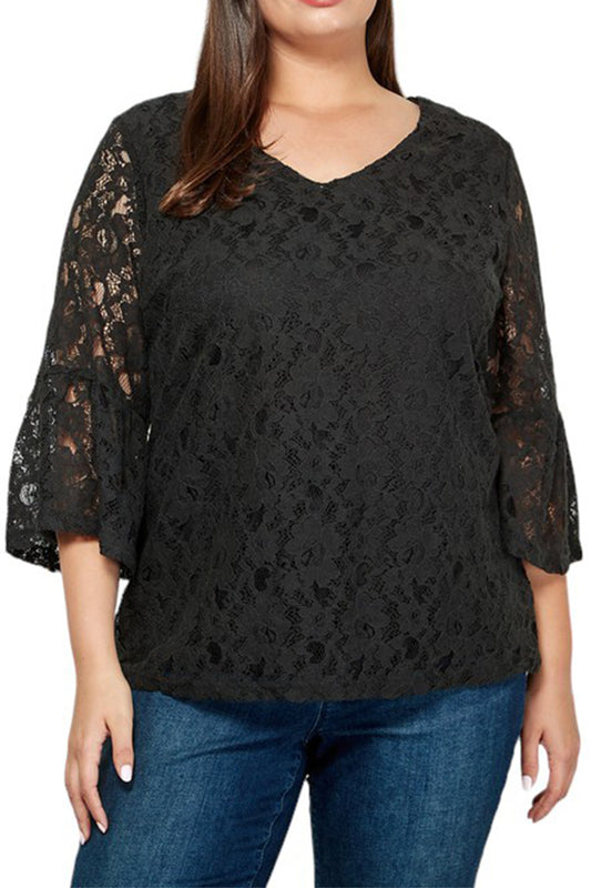 V-Neck Lace Top Three-Quarter Sleeve with Cut-Out Detail Plus
