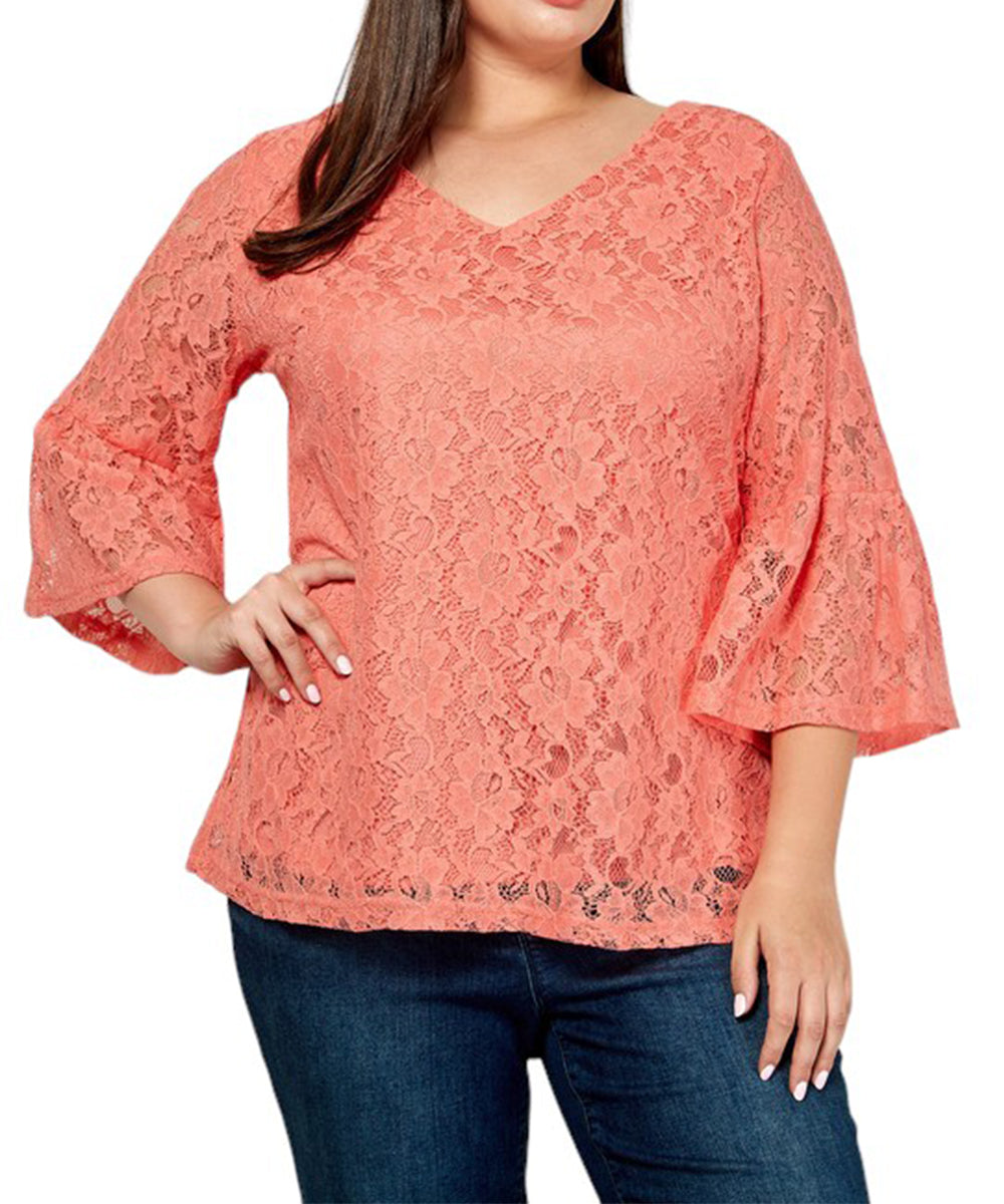 V-Neck Lace Top Three-Quarter Sleeve with Cut-Out Detail Plus