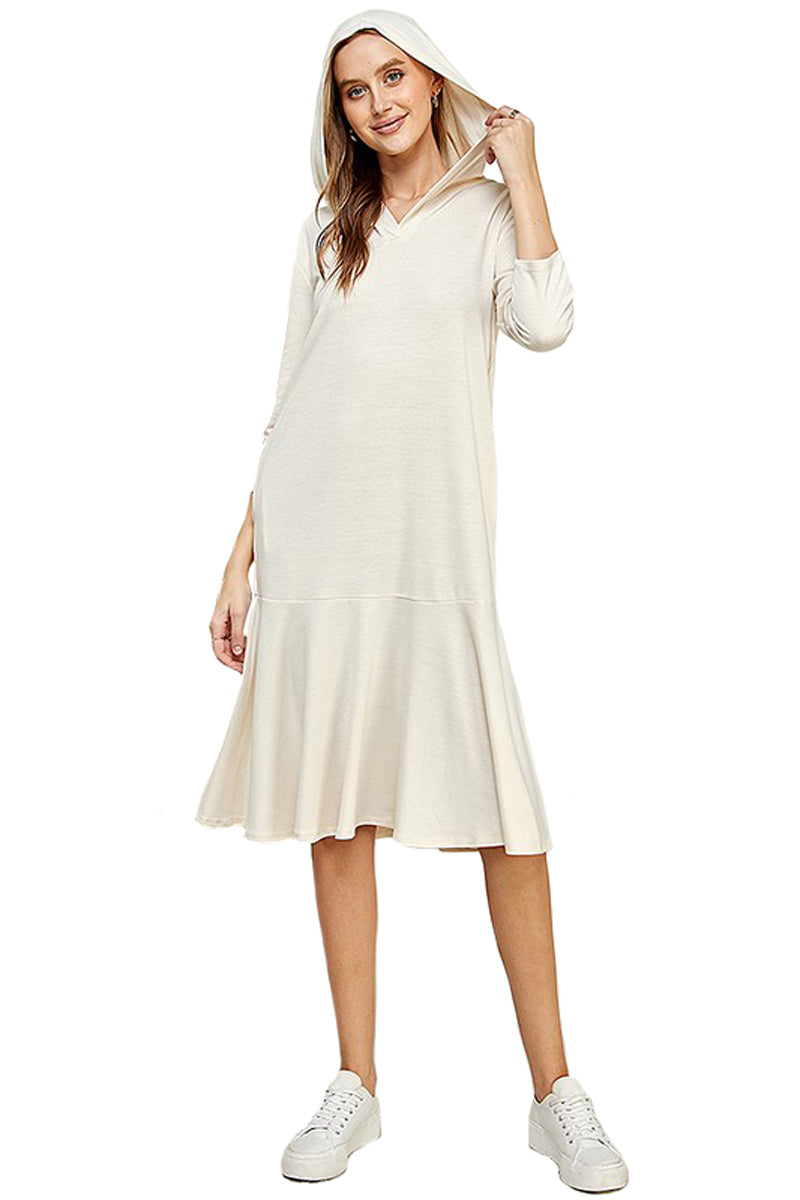 Hoodie Flare Ruffle Hem Midi Dress Cream / Small Hoodie Flare Ruffle Hem Midi Dress Cream / Small