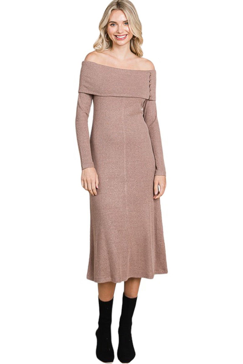 Off Shoulder Button Detail Midi Dress