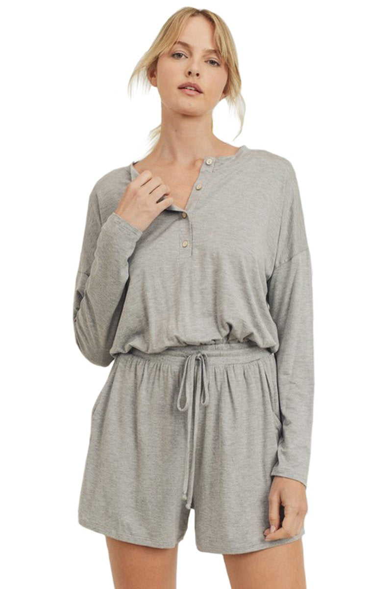 Long Sleeve Henley Style Pocket Romper