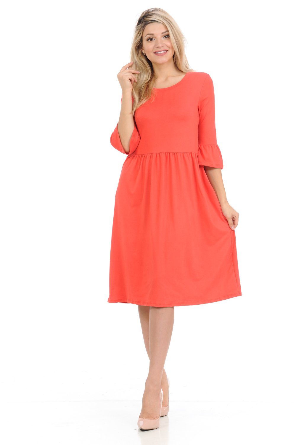 Babydoll Midi Dress with Ruffle Sleeve and Side Pockets