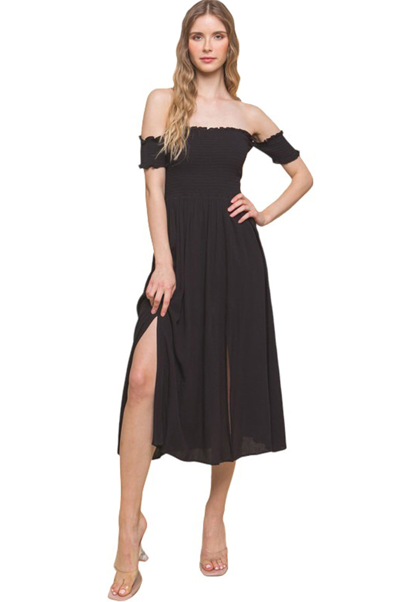 Smocked Off-Shoulder Midi Dress