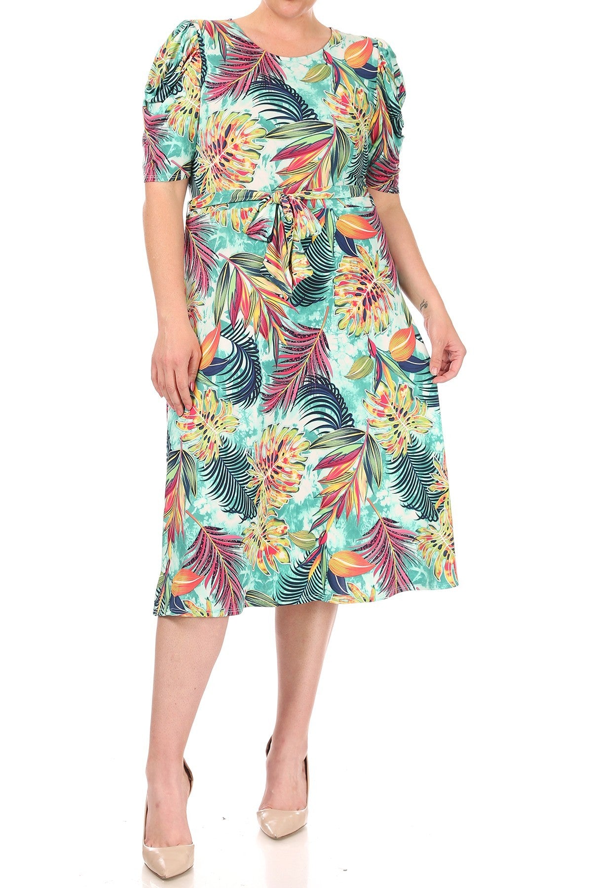 Print Midi Dress with Sash Tie Plus Size