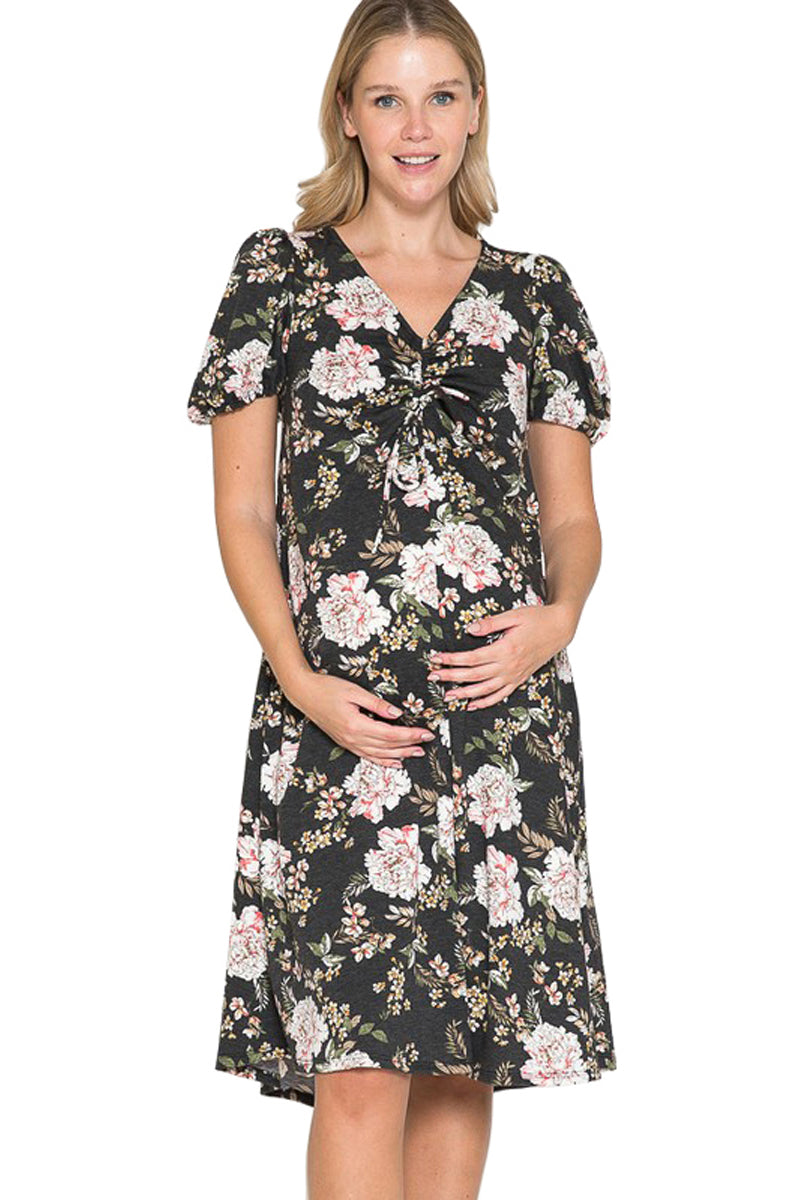 Front Cinch Floral Maternity Dress Black Floral / Medium Front Cinch Floral Maternity Dress Black Floral / Medium