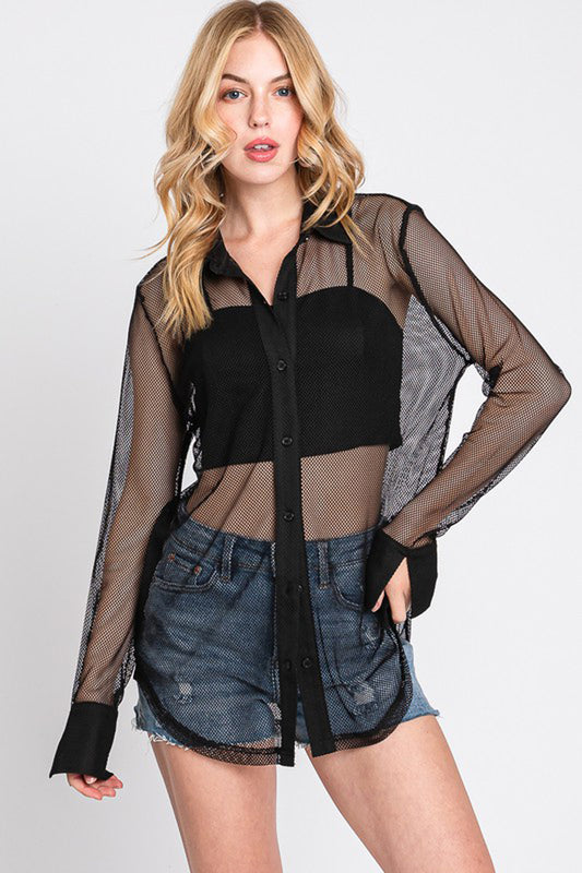 Fishnet Button Down Long Sleeve Top