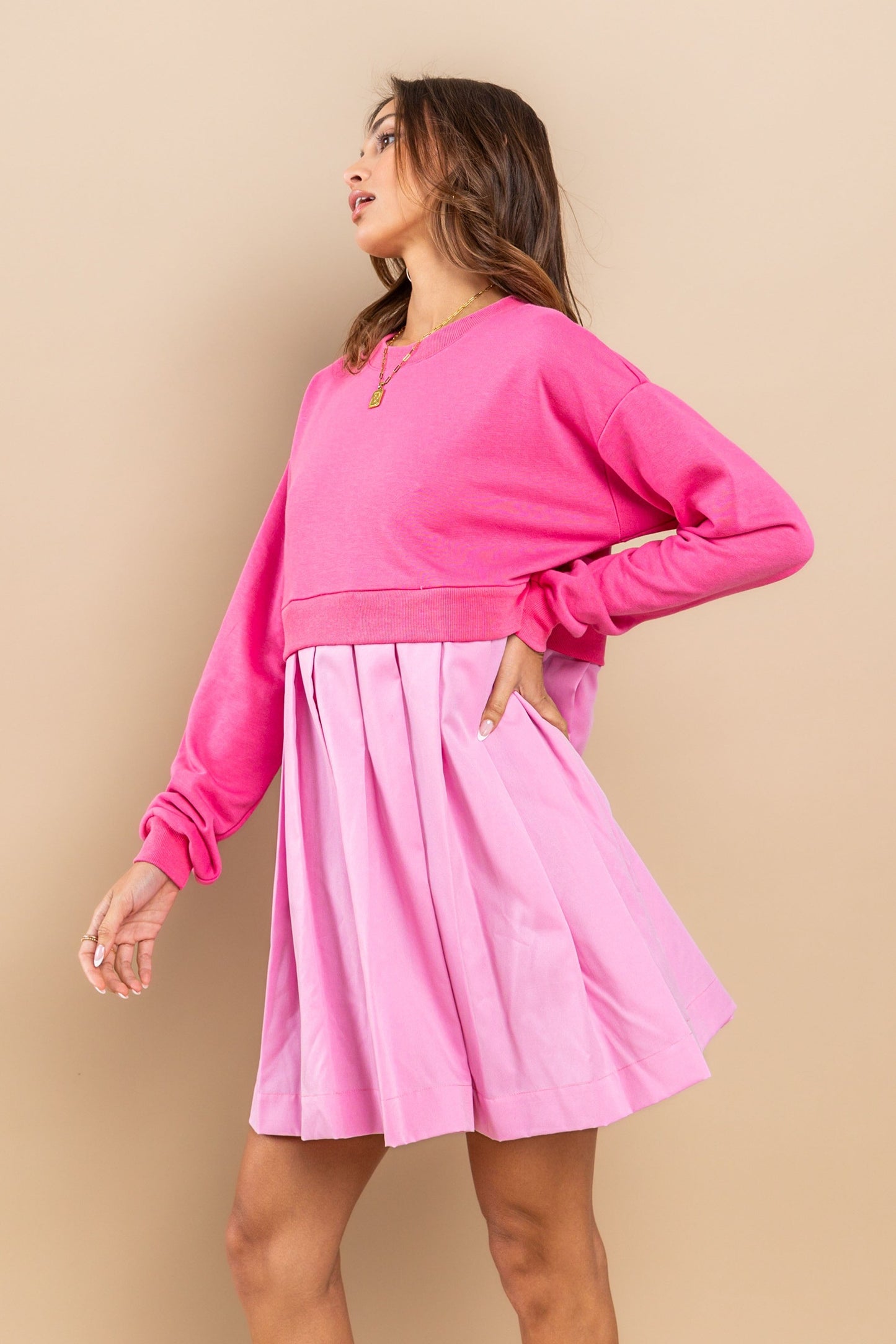 Contrast French Terry Pleated Mini Dress