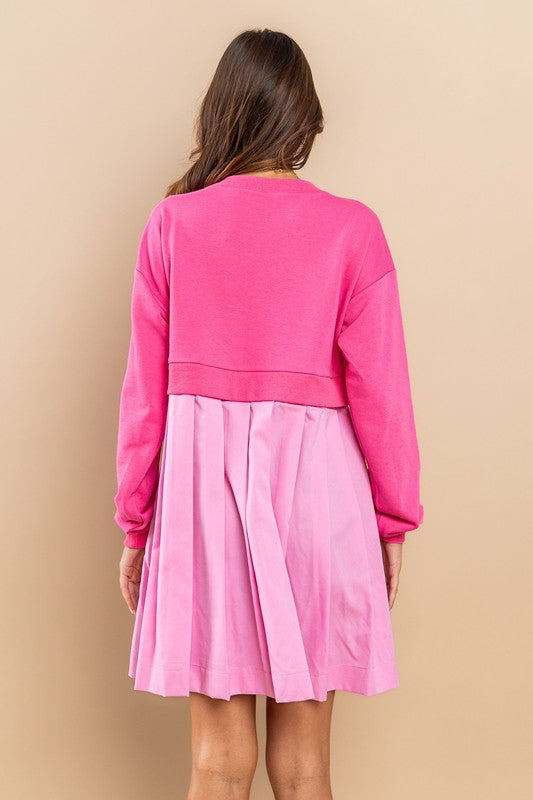 Contrast French Terry Pleated Mini Dress