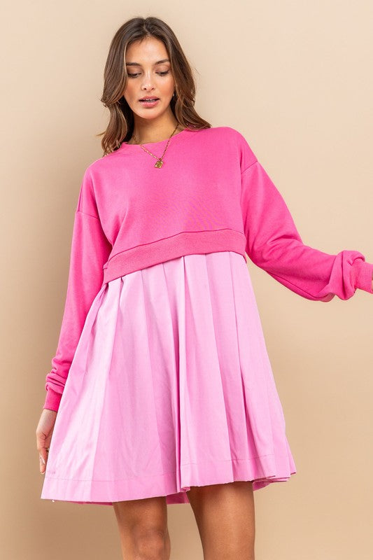 Contrast French Terry Pleated Mini Dress