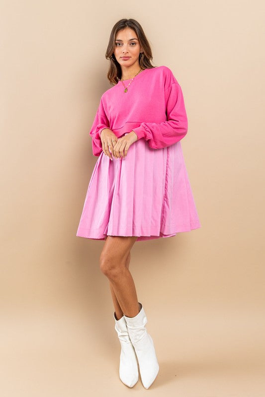 Contrast French Terry Pleated Mini Dress