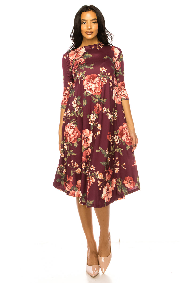A-Line Swing Trapeze Midi Dress Floral