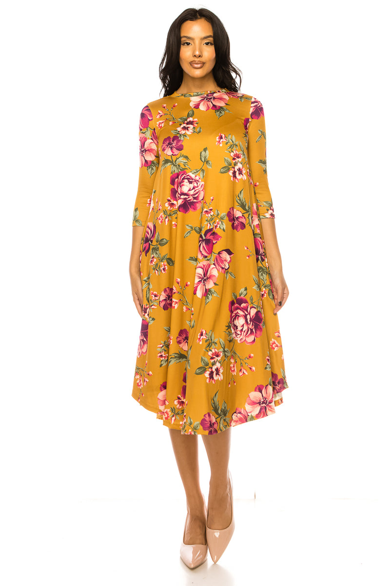 A-Line Swing Trapeze Midi Dress Floral