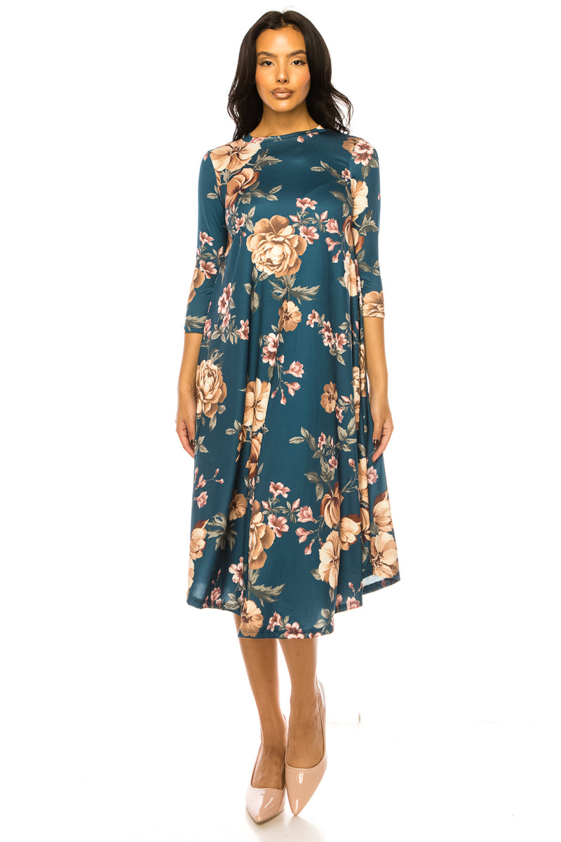 A-Line Swing Trapeze Midi Dress Floral