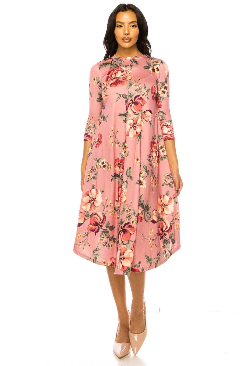 A-Line Swing Trapeze Midi Dress Floral
