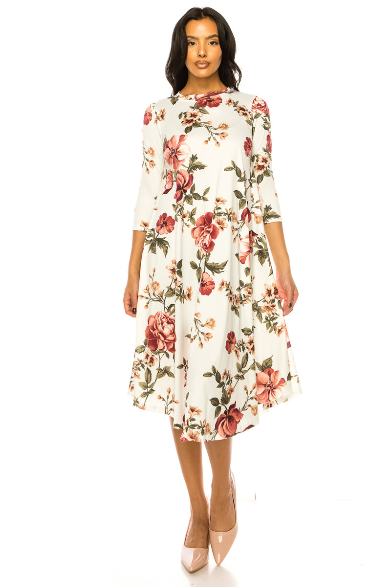 A-Line Swing Trapeze Midi Dress Floral