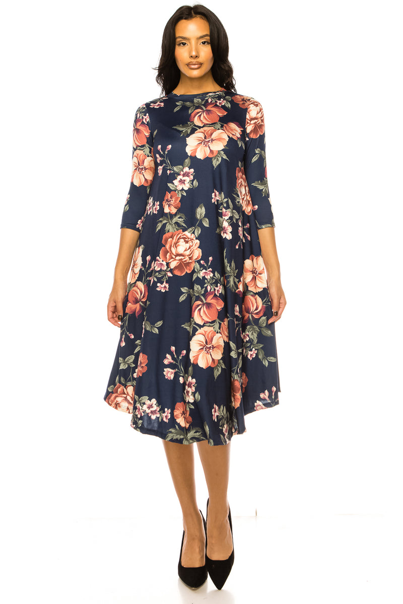 A-Line Swing Trapeze Midi Dress Floral
