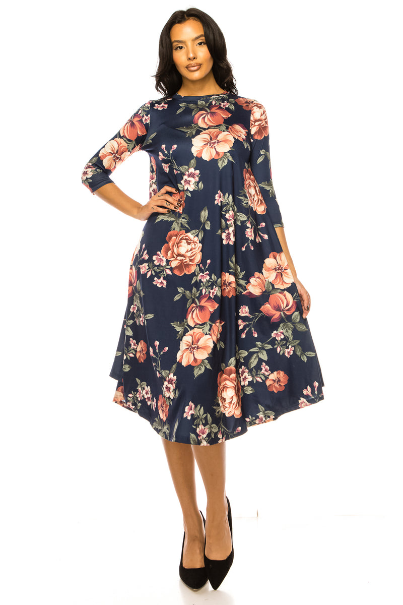 A-Line Swing Trapeze Midi Dress Floral