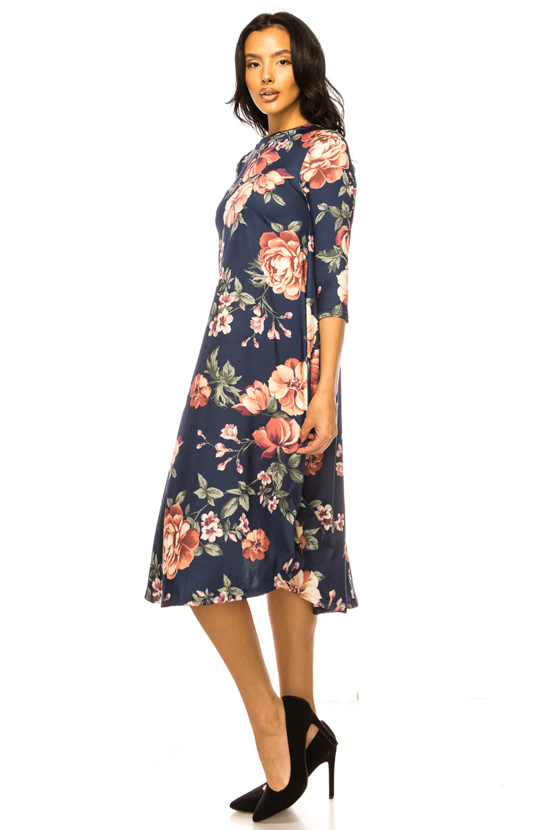 A-Line Swing Trapeze Midi Dress Floral